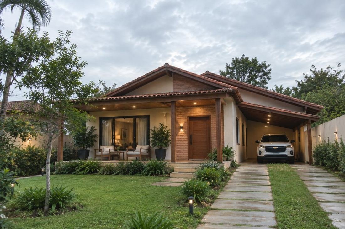 Casa compacta com varanda e detalhe em tijolinho