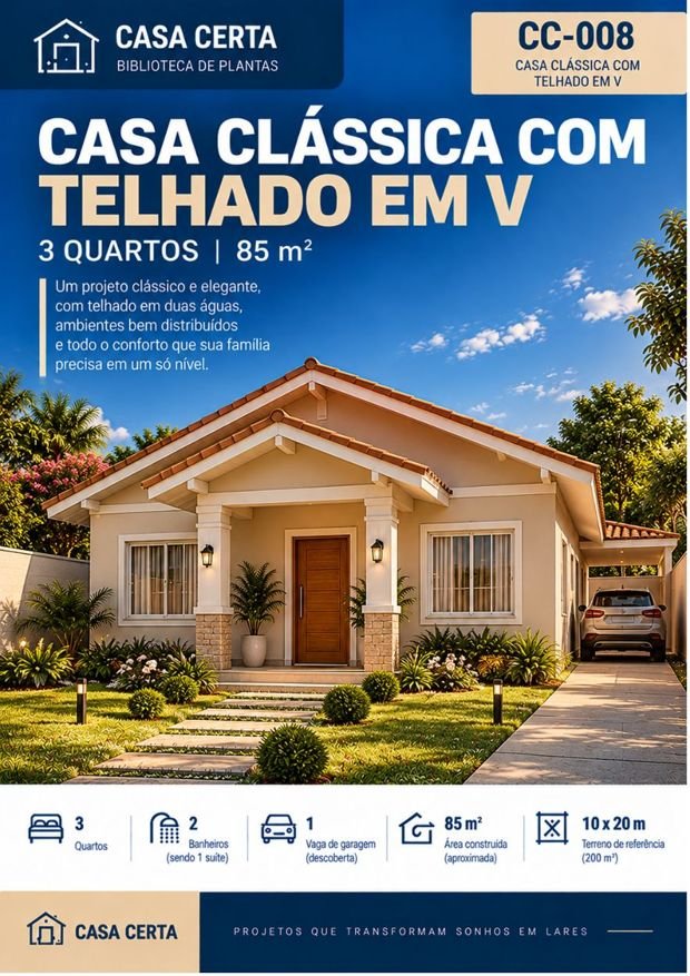 Capa do projeto CC-008, casa clássica com telhado em V, 3 quartos, 85 m²
