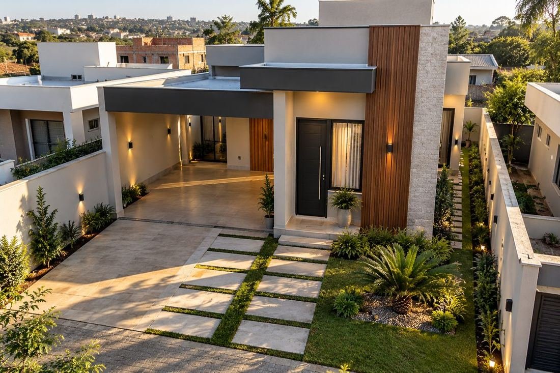 Casa térrea moderna com fachada em madeira e pedra