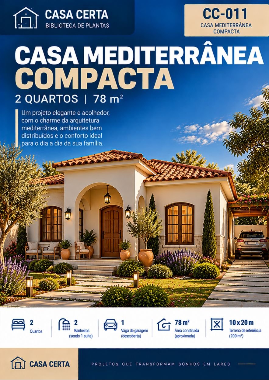 Capa do projeto CC-011, casa mediterrânea compacta, 2 quartos, 78 m²