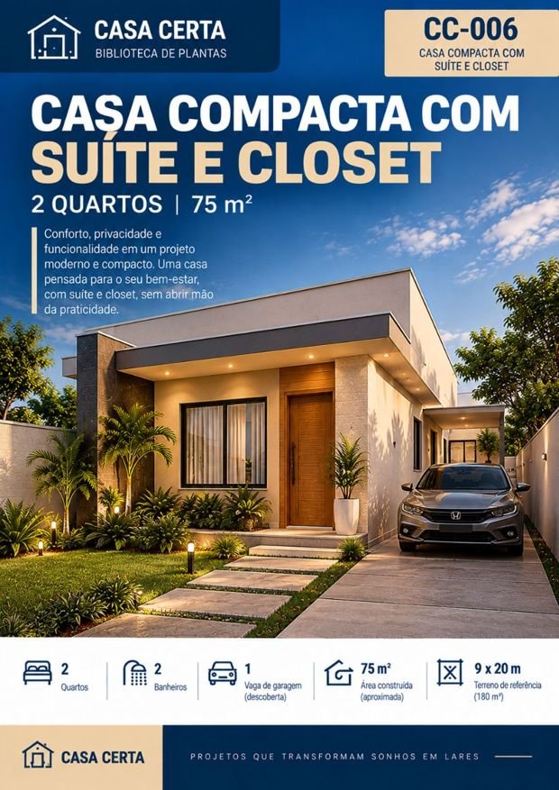Capa do projeto CC-006, casa compacta com suíte e closet, 2 quartos, 75 m²