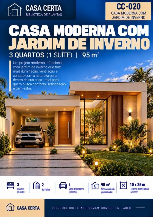 Capa do projeto CC-020, casa moderna com jardim de inverno, 3 quartos, 95 m²