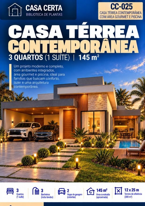 Capa do projeto CC-025, casa térrea contemporânea, 3 quartos, 145 m²