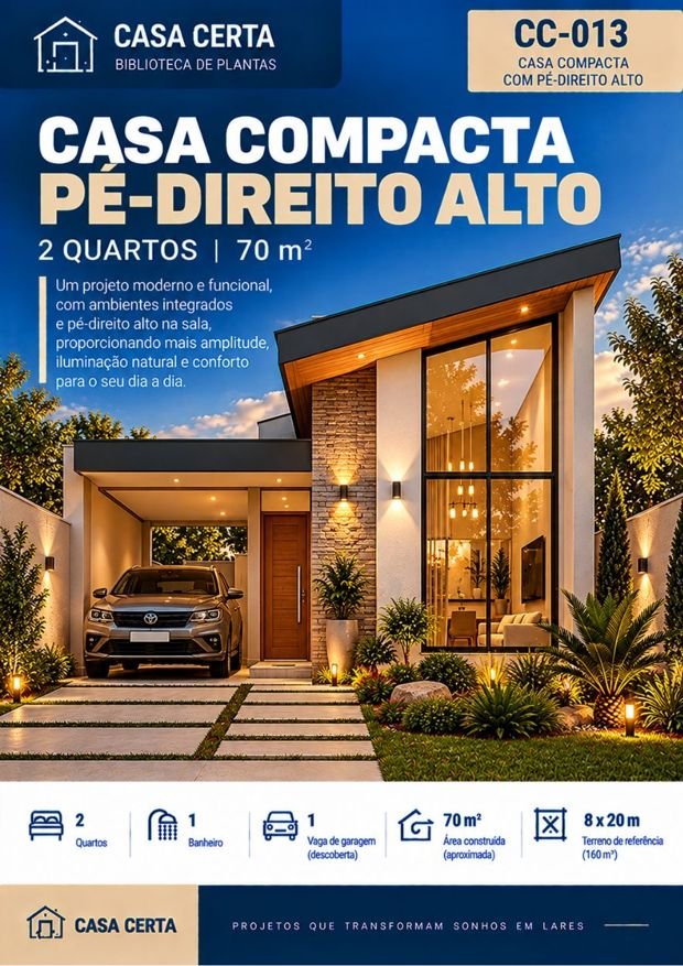 Capa do projeto CC-013, casa compacta com pé-direito alto, 2 quartos, 70 m²