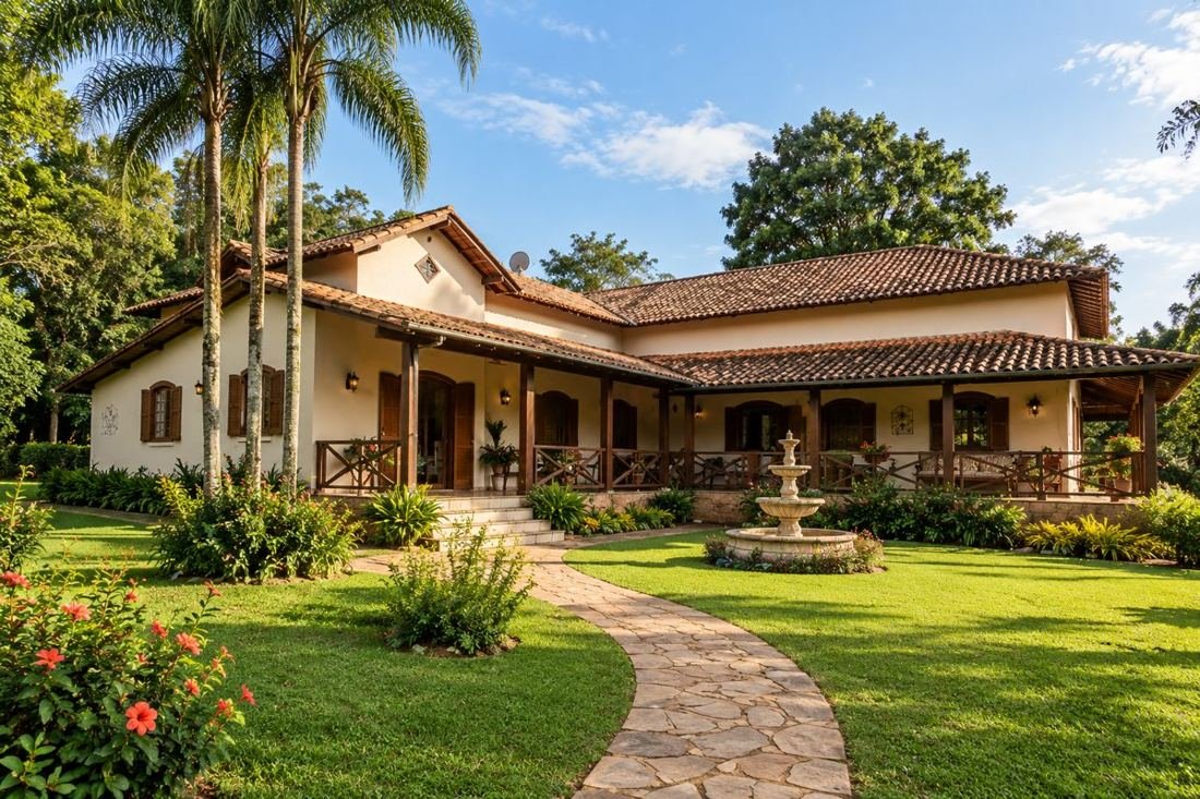 Casa colonial com varanda ampla e jardim