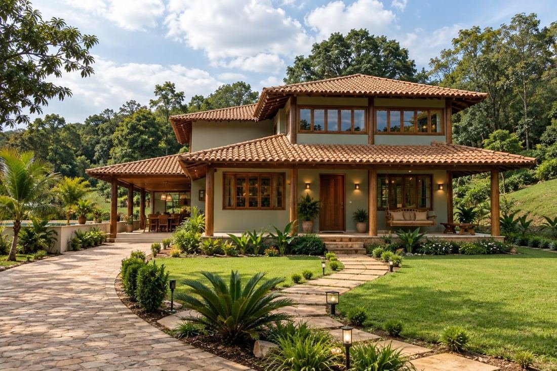 Casa de campo com varanda e telhado colonial