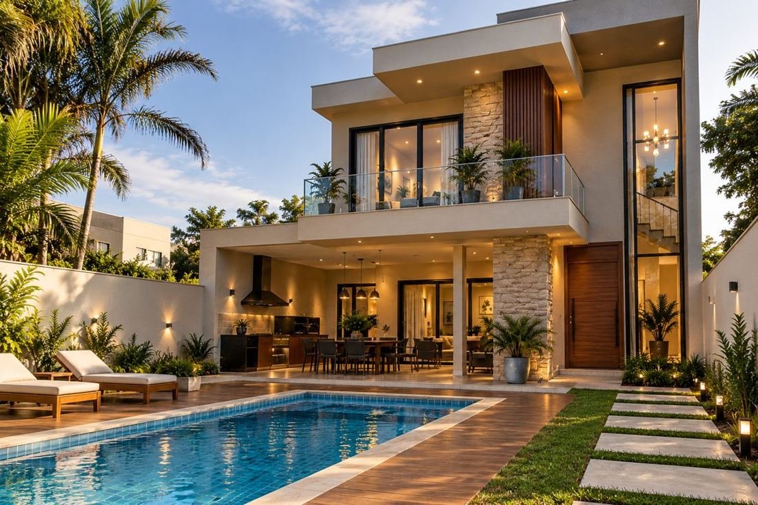 Sobrado moderno com piscina e área gourmet